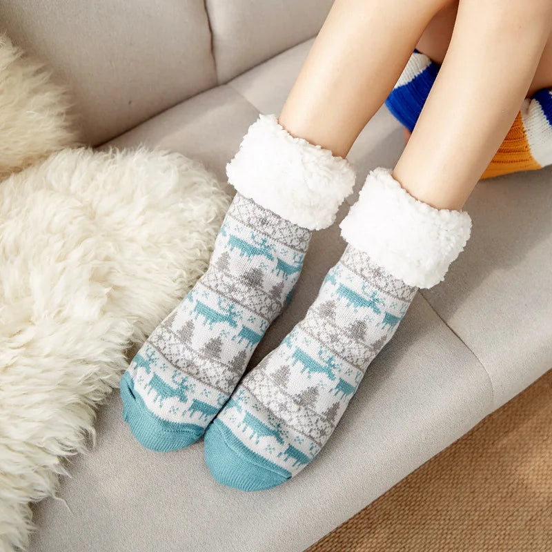 Chaussons chaussettes Noël en peluche | Cerf bleu - Chaussly