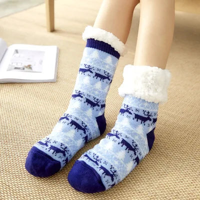 Chaussons chaussettes Noël en peluche | Cerf bleu marine - Chaussly