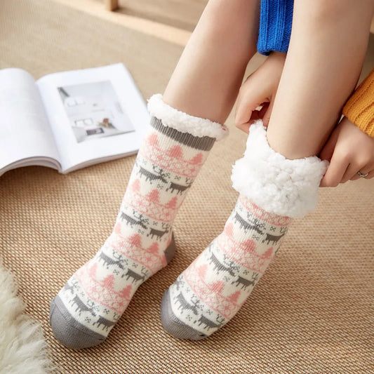 Chaussons chaussettes Noël en peluche | Cerf gris - Chaussly