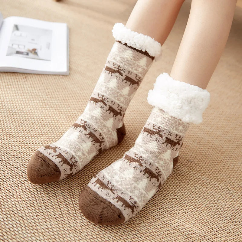 Chaussons chaussettes Noël en peluche | Cerf marron - Chaussly
