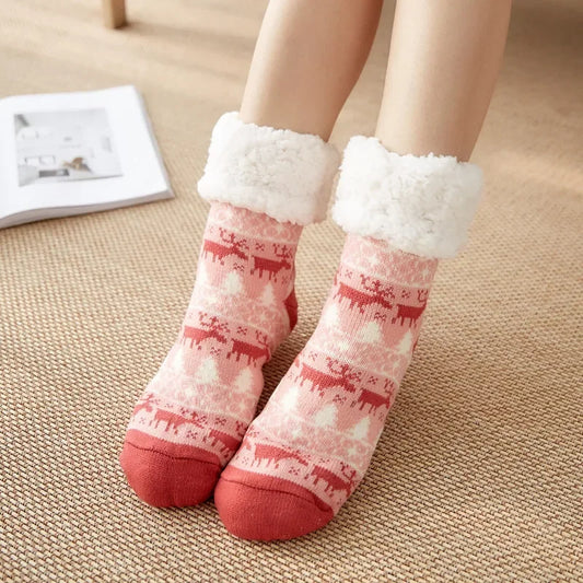 Chaussons chaussettes Noël en peluche | Cerf rouge - Chaussly