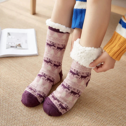 Chaussons chaussettes Noël en peluche | Cerf violet - Chaussly