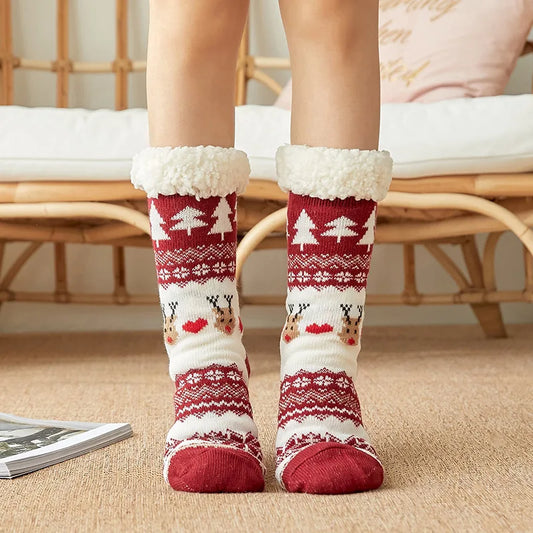 Chaussons chaussettes Noël en peluche | Renne bordeaux