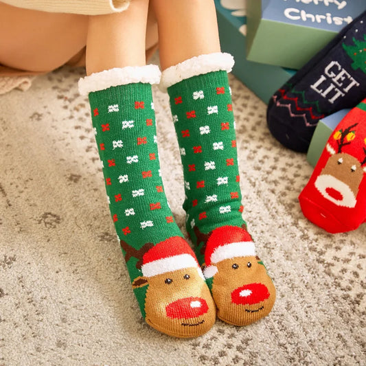 Chaussons chaussettes Noël en peluche | Renne vert - Chaussly