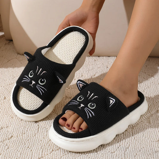 Claquettes animaux | Chat noir en coton doux